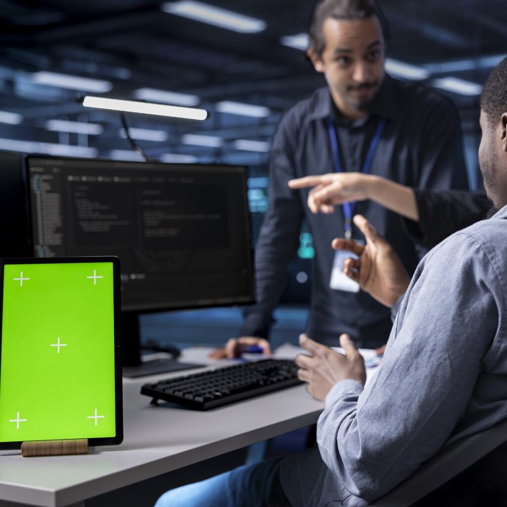 The web development process explained: from concept to launch. multiethnic team using green screen tablet to oversee servers